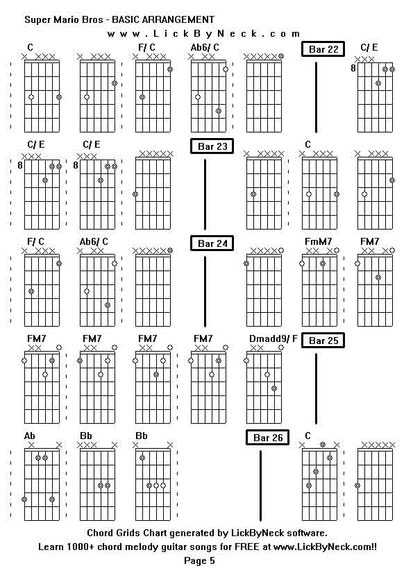 Chord Grids Chart of chord melody fingerstyle guitar song-Super Mario Bros - BASIC ARRANGEMENT,generated by LickByNeck software.